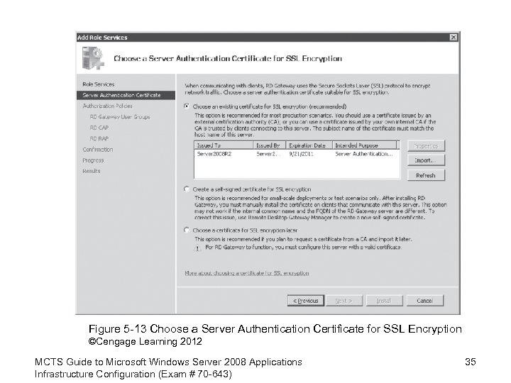 Figure 5 -13 Choose a Server Authentication Certificate for SSL Encryption ©Cengage Learning 2012