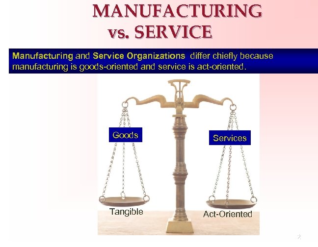 MANUFACTURING vs. SERVICE Manufacturing and Service Organizations differ chiefly because manufacturing is goods-oriented and