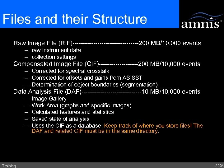 Files and their Structure Raw Image File (RIF)----------------200 MB/10, 000 events – raw instrument