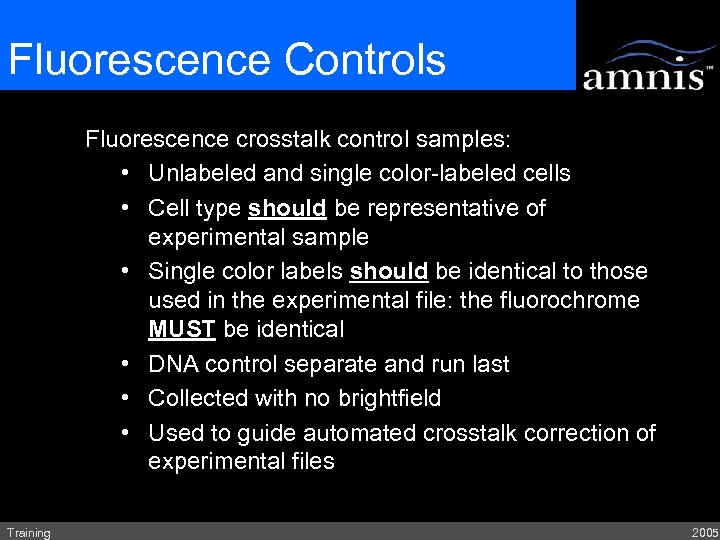 Fluorescence Controls Fluorescence crosstalk control samples: • Unlabeled and single color-labeled cells • Cell