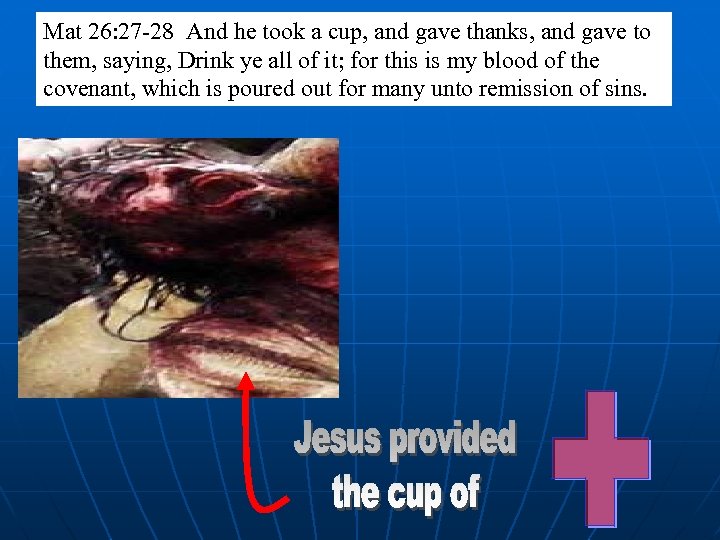 Mat 26: 27 -28 And he took a cup, and gave thanks, and gave