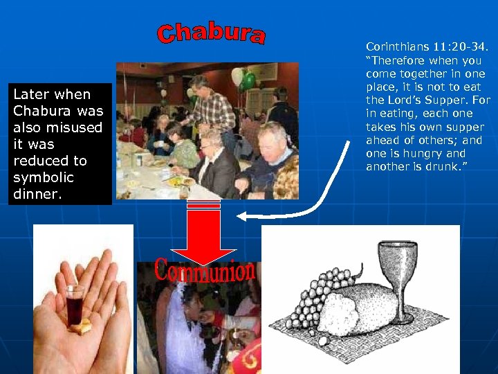 Later when Chabura was also misused it was reduced to symbolic dinner. Corinthians 11: