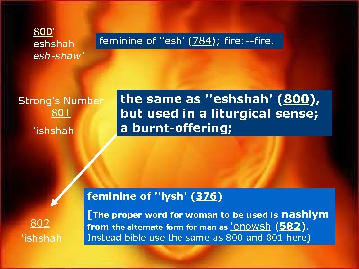 800‘ eshshah esh-shaw' feminine of ''esh' (784); fire: --fire. Strong's Number 801 'ishshah the