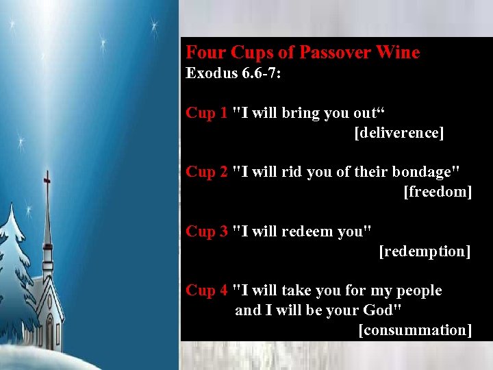Four Cups of Passover Wine Exodus 6. 6 -7: Cup 1 