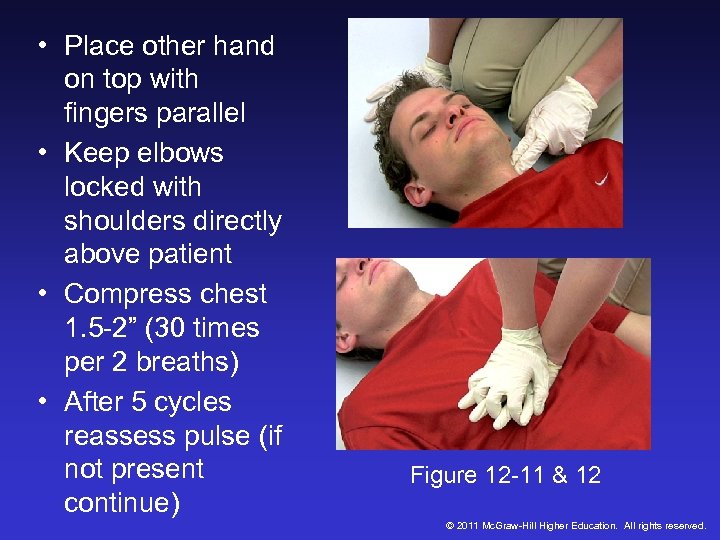  • Place other hand on top with fingers parallel • Keep elbows locked
