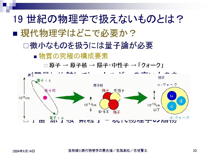 19 世紀の物理学で扱えないものとは？ n 現代物理学はどこで必要か？ ¨ 微小なものを扱うには量子論が必要 n 物質の究極の構成要素 ¨ 原子 → 原子核 → 陽子・中性子