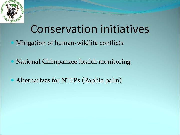 Conservation initiatives Mitigation of human-wildlife conflicts National Chimpanzee health monitoring Alternatives for NTFPs (Raphia