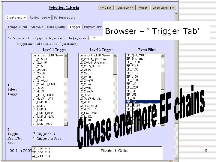 Browser – ‘ Trigger Tab’ 30 Jan 2009 Elizabeth Gallas 15 