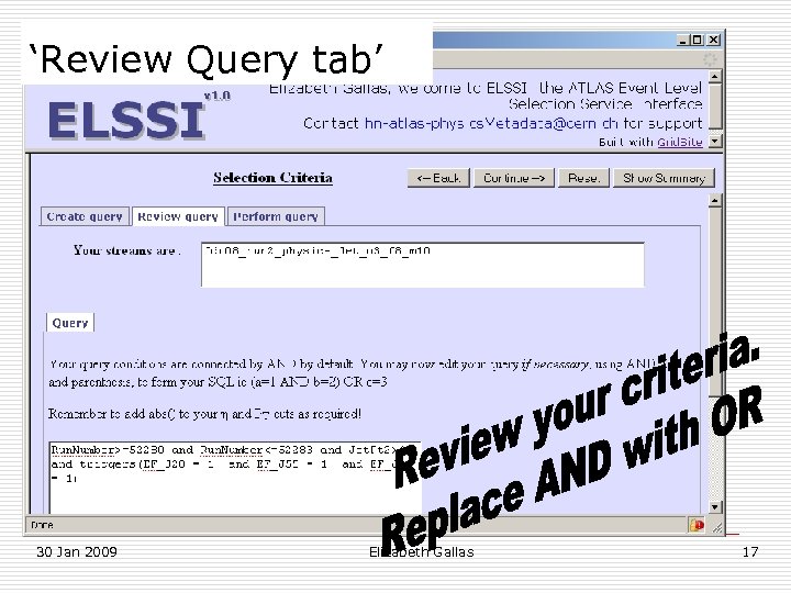 ‘Review Query tab’ 30 Jan 2009 Elizabeth Gallas 17 