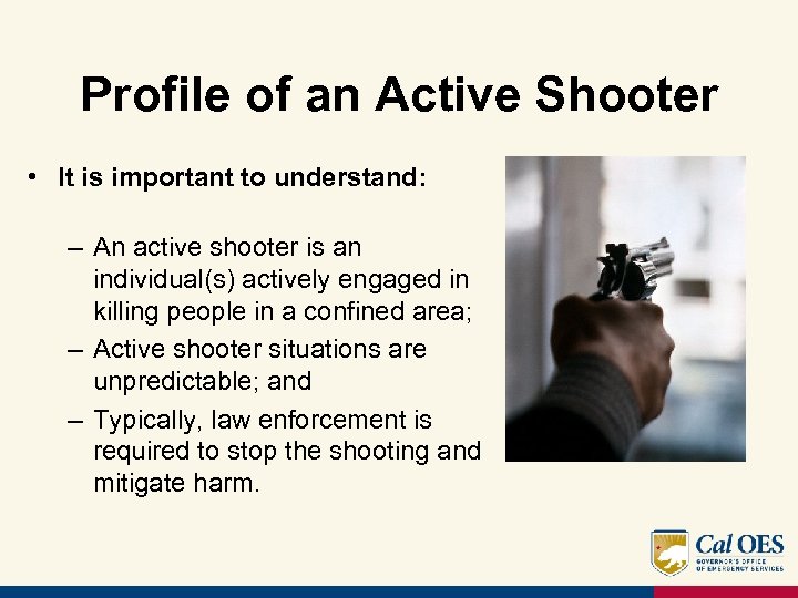 Profile of an Active Shooter • It is important to understand: – An active