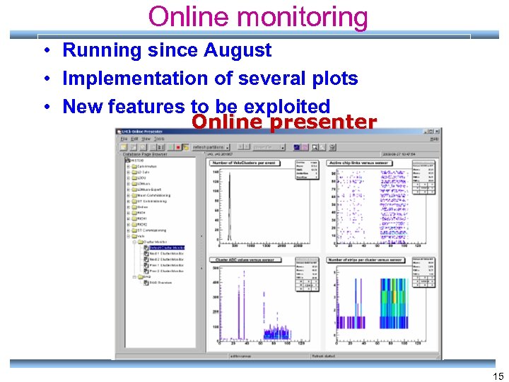 Online monitoring • Running since August • Implementation of several plots • New features