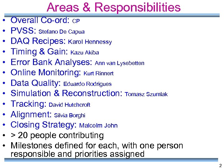 Areas & Responsibilities • • • • Overall Co-ord: CP PVSS: Stefano De Capua