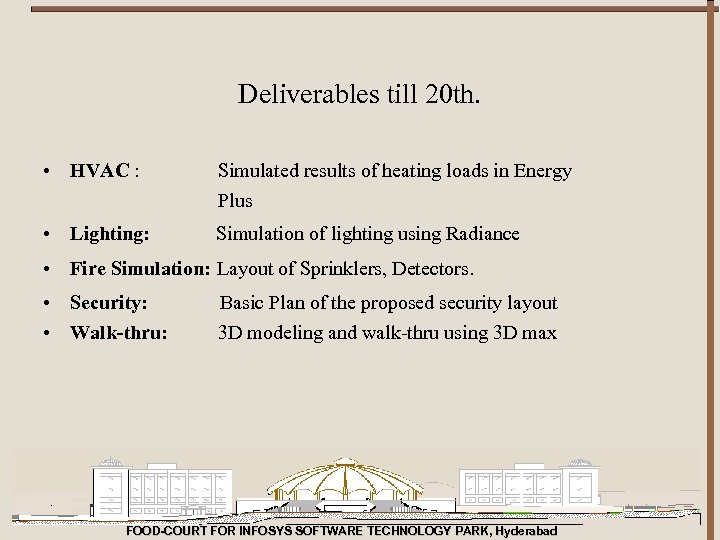 Deliverables till 20 th. • HVAC : Simulated results of heating loads in Energy