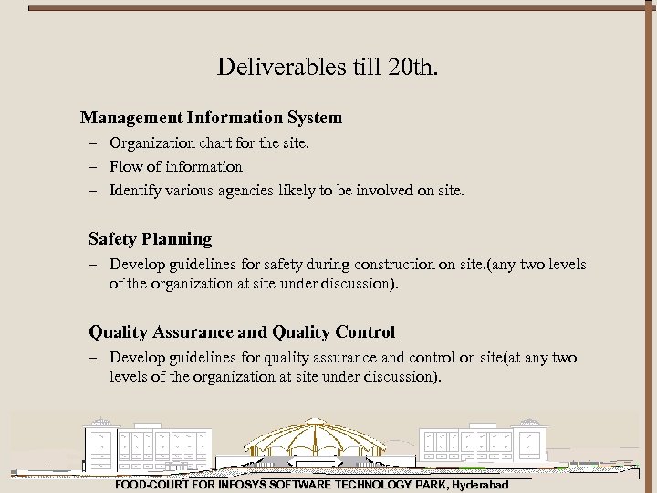 Deliverables till 20 th. Management Information System – Organization chart for the site. –