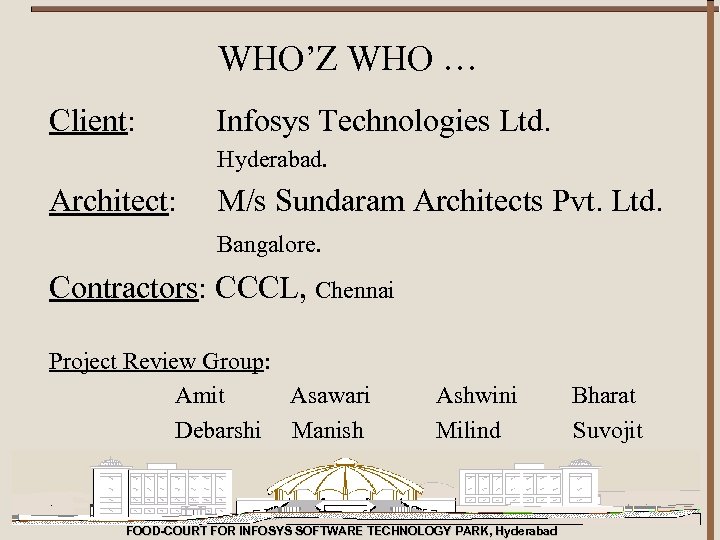 WHO’Z WHO … Client: Infosys Technologies Ltd. Hyderabad. Architect: M/s Sundaram Architects Pvt. Ltd.