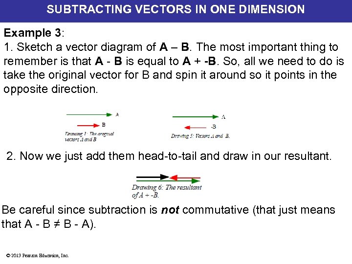 SUBTRACTING VECTORS IN ONE DIMENSION Example 3: 1. Sketch a vector diagram of A