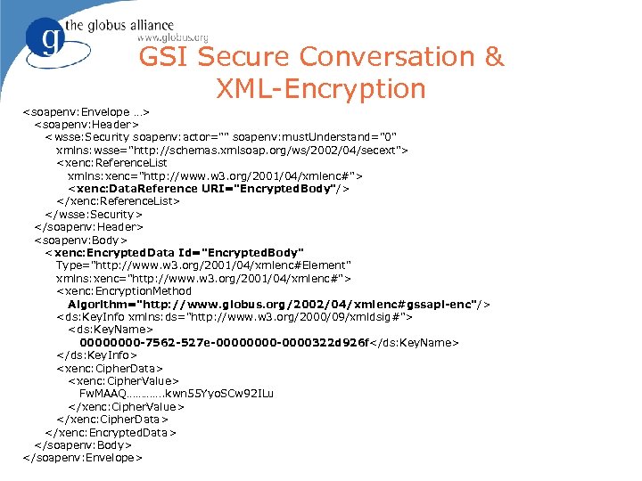 GSI Secure Conversation & XML-Encryption <soapenv: Envelope …> <soapenv: Header> <wsse: Security soapenv: actor=