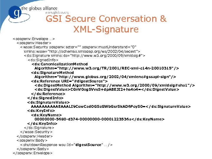 GSI Secure Conversation & XML-Signature <soapenv: Envelope …> <soapenv: Header> <wsse: Security soapenv: actor=