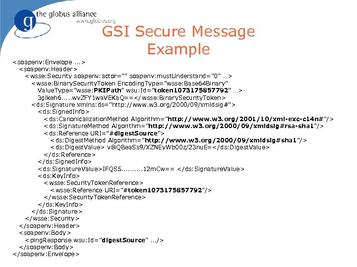 GSI Secure Message Example <soapenv: Envelope. . . > <soapenv: Header> <wsse: Security soapenv: