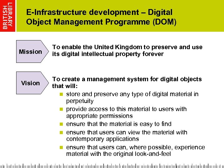 E-Infrastructure development – Digital Object Management Programme (DOM) Mission Vision To enable the United