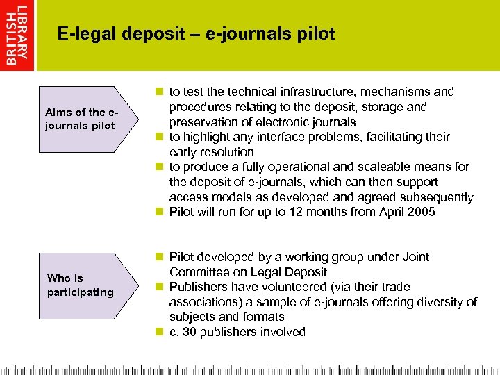E-legal deposit – e-journals pilot Aims of the ejournals pilot Who is participating n
