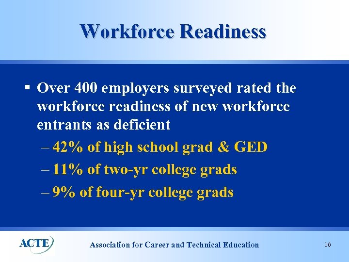 Workforce Readiness § Over 400 employers surveyed rated the workforce readiness of new workforce