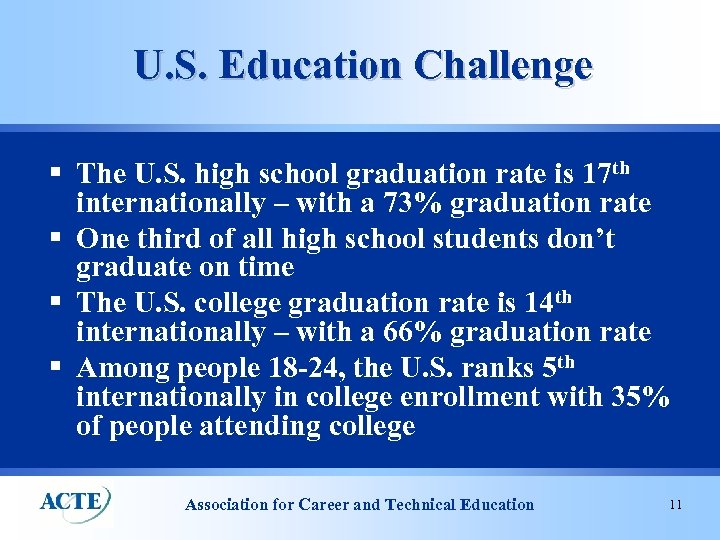 U. S. Education Challenge § The U. S. high school graduation rate is 17