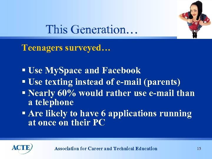 This Generation… Teenagers surveyed… § Use My. Space and Facebook § Use texting instead