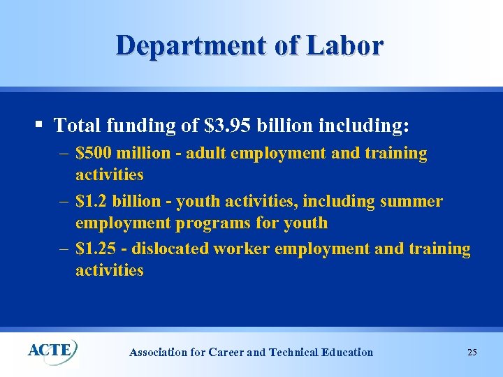 Department of Labor § Total funding of $3. 95 billion including: – $500 million