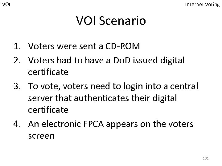 VOI Internet Voting VOI Scenario 1. Voters were sent a CD-ROM 2. Voters had