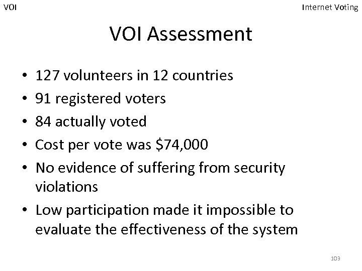 VOI Internet Voting VOI Assessment 127 volunteers in 12 countries 91 registered voters 84