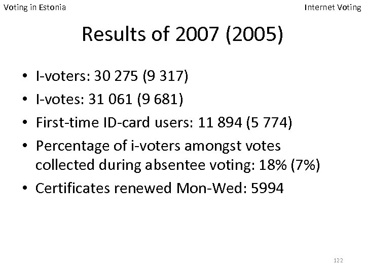 Voting in Estonia Internet Voting Results of 2007 (2005) I-voters: 30 275 (9 317)