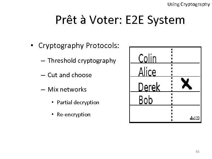 Using Cryptography Prêt à Voter: E 2 E System • Cryptography Protocols: – Threshold