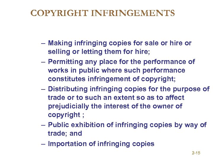 COPYRIGHT INFRINGEMENTS – Making infringing copies for sale or hire or selling or letting