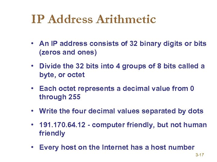 IP Address Arithmetic • An IP address consists of 32 binary digits or bits