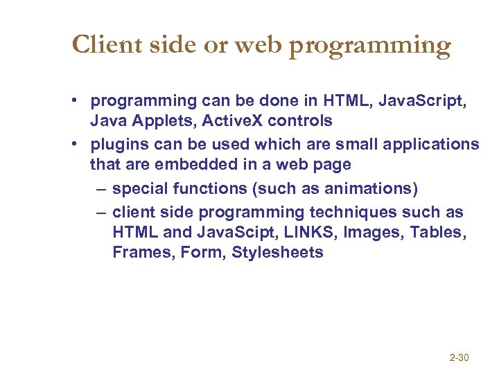Client side or web programming • programming can be done in HTML, Java. Script,