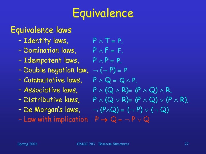 Equivalence laws – Identity laws, – Domination laws, – Idempotent laws, – Double negation