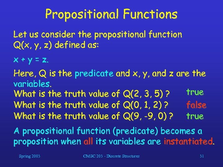 Propositional Functions Let us consider the propositional function Q(x, y, z) defined as: x