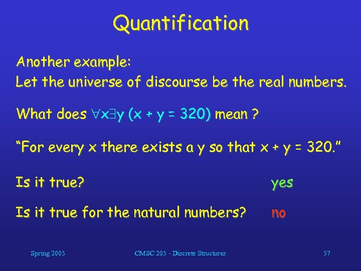 Quantification Another example: Let the universe of discourse be the real numbers. What does