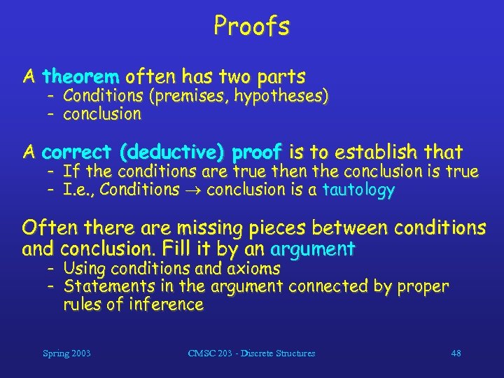 Proofs A theorem often has two parts - Conditions (premises, hypotheses) - conclusion A