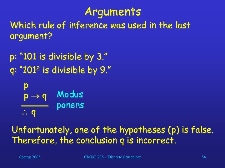 Arguments Which rule of inference was used in the last argument? p: “ 101