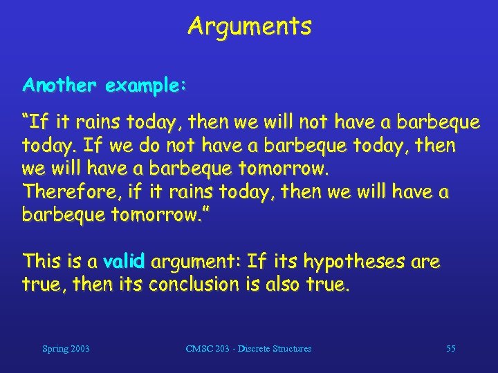 Arguments Another example: “If it rains today, then we will not have a barbeque
