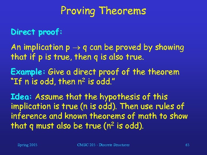 Proving Theorems Direct proof: An implication p q can be proved by showing that