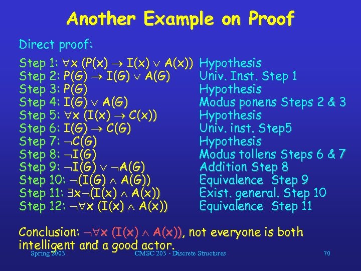 Another Example on Proof Direct proof: Step 1: x (P(x) I(x) A(x)) Step 2: