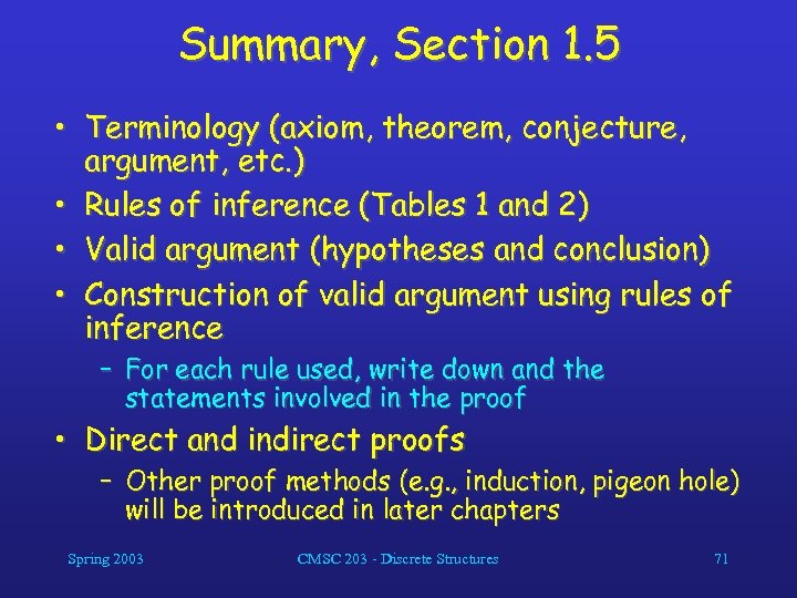 Summary, Section 1. 5 • Terminology (axiom, theorem, conjecture, argument, etc. ) • Rules