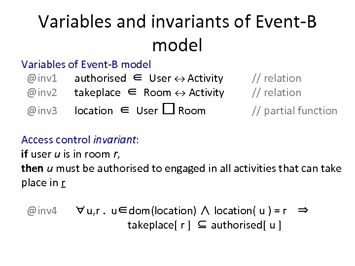 Variables and invariants of Event-B model Variables of Event-B model @inv 1 authorised ∈