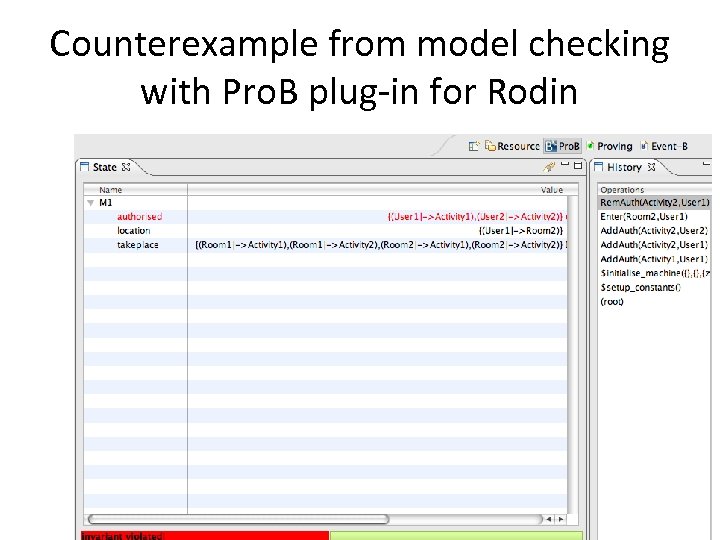 Counterexample from model checking with Pro. B plug-in for Rodin 