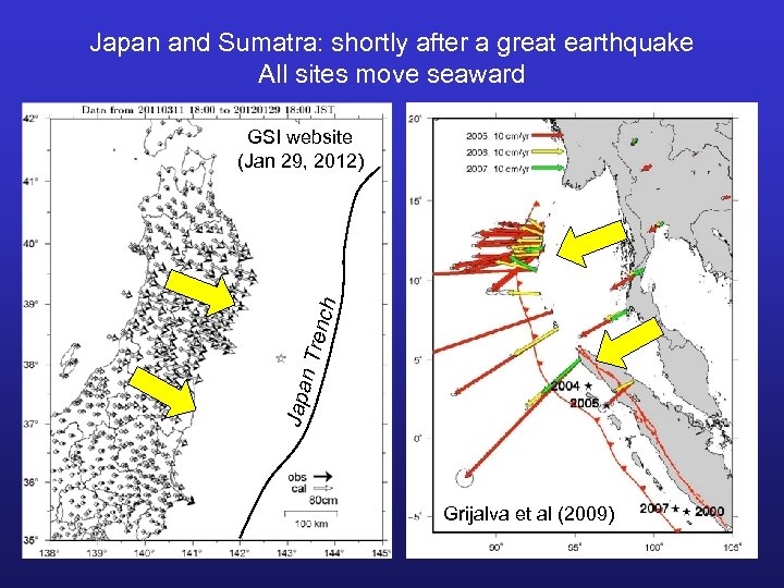 Japan and Sumatra: shortly after a great earthquake All sites move seaward Japa n