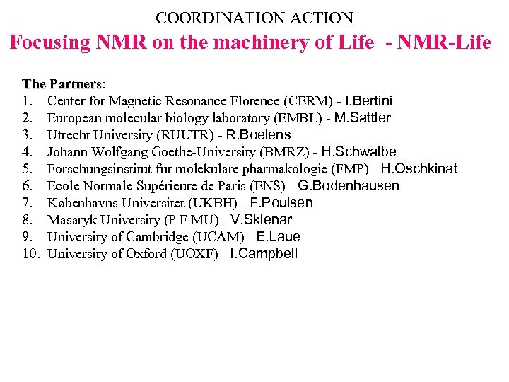 COORDINATION ACTION Focusing NMR on the machinery of Life - NMR-Life The Partners: Partners