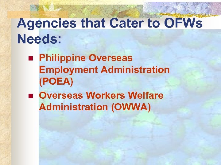 Agencies that Cater to OFWs Needs: n n Philippine Overseas Employment Administration (POEA) Overseas
